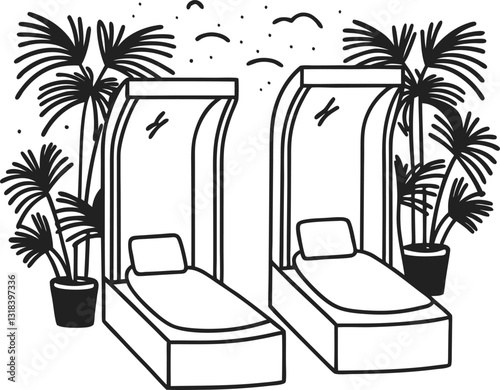 Stylish modern sunbeds with cushions surrounded by tropical plants