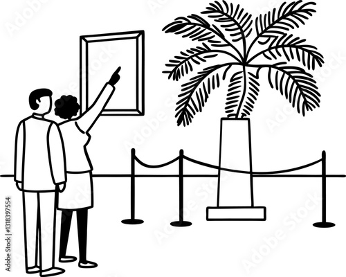 Visitors admiring art exhibit and indoor palm plant in modern museum