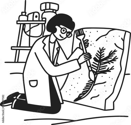 Scientist studying ancient fossil with brush in laboratory setting paleontology and discovery in progress