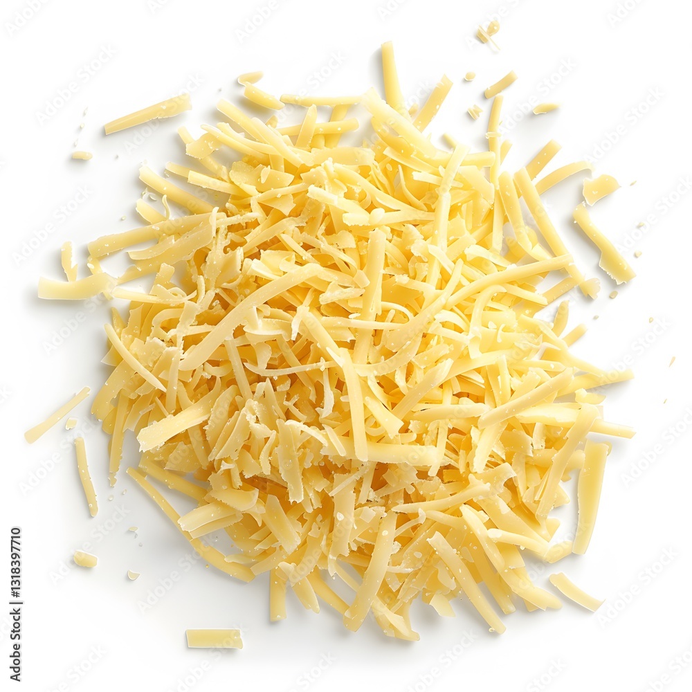 Freshly Grated Yellow Cheese on White Background for Culinary Use Freshly Grated Yellow Cheese on White Background for Culinary Use