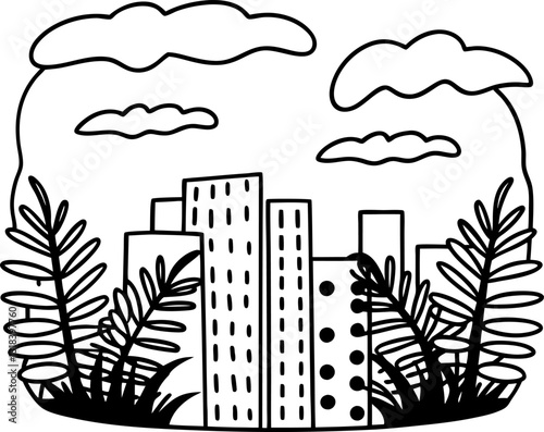 Urban cityscape with high rise buildings and plants under a cloudy sky in black and white illustration
