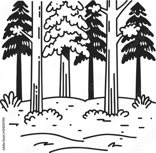 Black and white forest landscape illustration with trees and shrubs