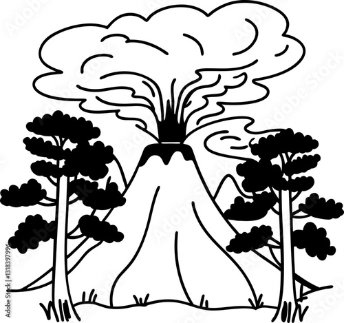 volcanic eruption illustration with erupting volcano, ash cloud, and trees nature, natural disaster, geology, lava flow