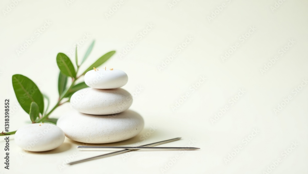 Acupuncture needles alongside spa stones on a light backdrop Acupuncture needles alongside spa stones on a light backdrop