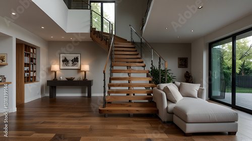 Spacious living room with wooden stairs,generative.ai
