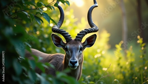 A male Kudu observes us from the safety of some bushes. photo
