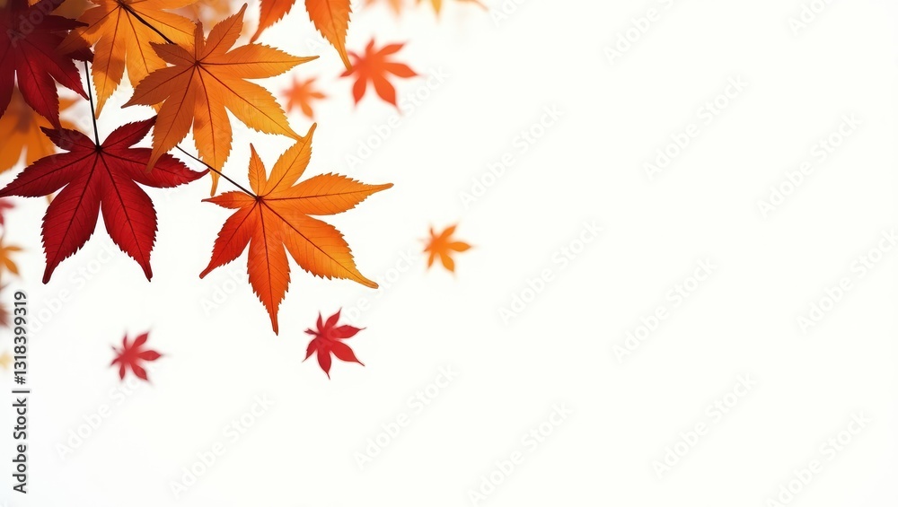 Autumn leaves in shades of orange falling against a white background. Autumn leaves in shades of orange falling against a white background.