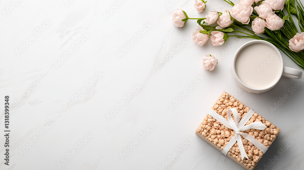 A cozy morning scene with a cup of milk, fresh flowers, and a beautifully wrapped gift. A minimalist and elegant composition, ideal for branding, lifestyle photography, and advertisements. A cozy morning scene with a cup of milk, fresh flowers, and a beautifully wrapped gift. A minimalist and elegant composition, ideal for branding, lifestyle photography, and advertisements.
