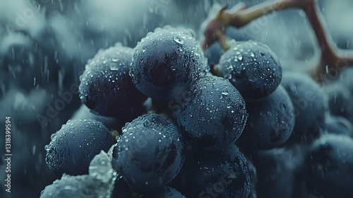 Dark Grapes Covered in Raindrops
