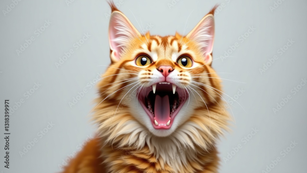 A close-up shot of a ginger cat with its mouth wide open, showing its pink tongue and teeth. Its eyes are wide, displaying a surprised or curious expression. A close-up shot of a ginger cat with its mouth wide open, showing its pink tongue and teeth. Its eyes are wide, displaying a surprised or curious expression.