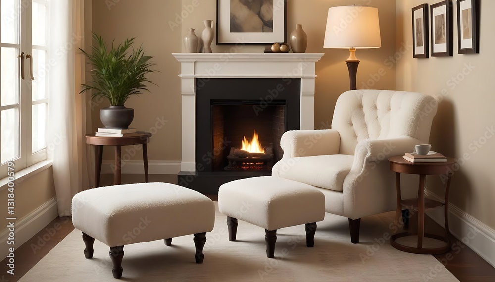 Fototapeta premium Cozy living room interior featuring fireplace and comfortable seating arrangements