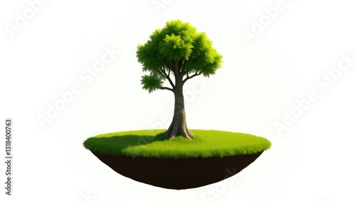 Vacant land featuring a green area and a growing tree, isolated against a white backdrop. Land available for purchase. Imaginative floating island with a large tree. Environmental idea.