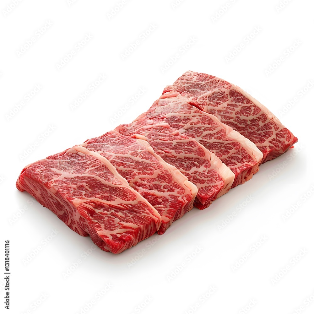 Obraz premium Fresh Wagyu Beef Cuts on White Background for Culinary Use