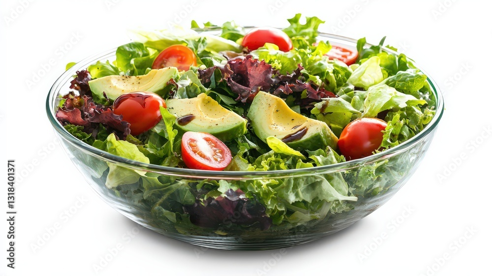 A vibrant salad bowl filled with mixed greens, cherry tomatoes, avocado slices, and balsamic dressing A vibrant salad bowl filled with mixed greens, cherry tomatoes, avocado slices, and balsamic dressing