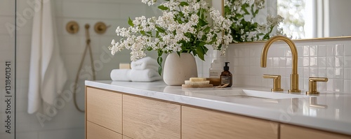 Luxury bathroom design with brass sink, mirror and gold tap in a modern home renovation featuring timber stone benchtops, white basin, and natural light from the slanted roof.