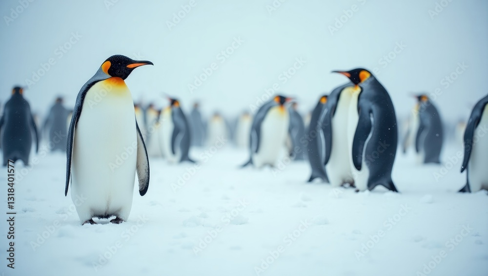 Fototapeta premium A group of gentoo penguins in a snowstorm.