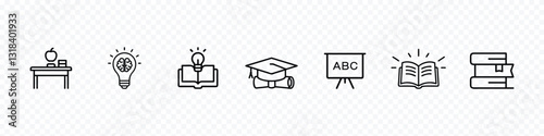 Education and Learning Icons – Open Book, Stack of Books, Study Table, Blackboard, Graduation Hat, Light