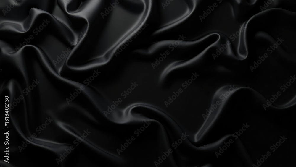 Black silk satin texture. Dark sophisticated background with area for design. Text or product. Tabletop perspective. Flat lay. Template. Blank. Creases in material. Folds. Black silk satin texture. Dark sophisticated background with area for design. Text or product. Tabletop perspective. Flat lay. Template. Blank. Creases in material. Folds.