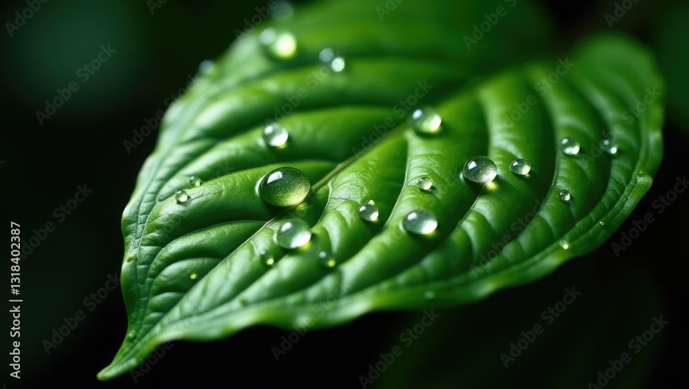 Fototapeta premium A vibrant fresh green leaf adorned with raindrops and illuminated by sunlight. The plant showcases a beautiful expressive form.