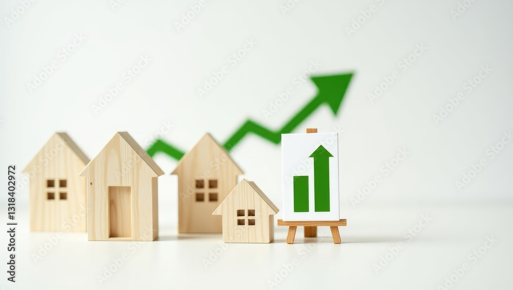 Wooden houses accompanied by a green upward arrow. concept of strong demand for real estate. enhancement of energy efficiency in housing. increase in house prices. property. population growth. rise... Wooden houses accompanied by a green upward arrow. concept of strong demand for real estate. enhancement of energy efficiency in housing. increase in house prices. property. population growth. rise...