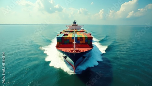 Aerial view from the front of a large container cargo ship moving swiftly across a calm ocean and light.