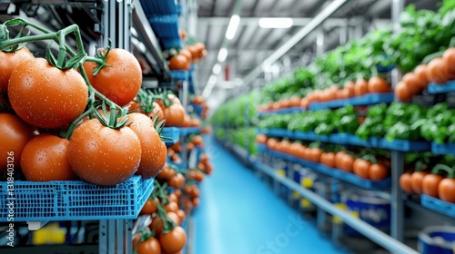 A freshly harvested batch of organic tomatoes being washed and sorted in a clean, high-tech food production facility .