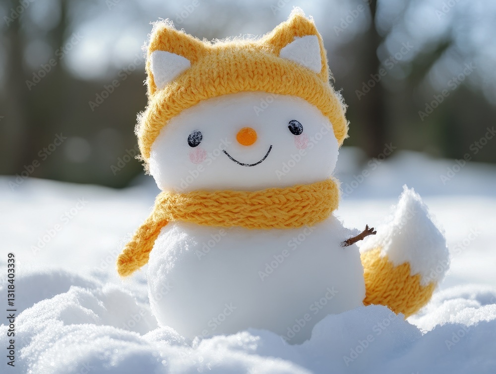 Obraz premium Adorable Knitted Fox Snowman in Snowy Winter Scene