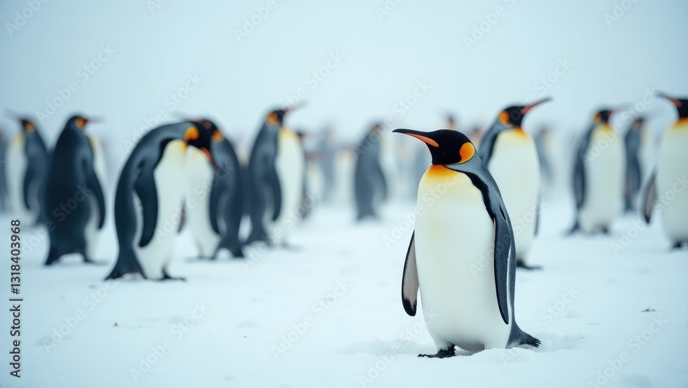 Fototapeta premium A group of gentoo penguins amid a blizzard