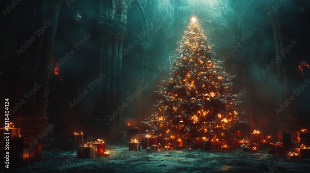 Fototapeta premium Enchanted Christmas Tree with Glowing Lights and Presents in Dark Mystical Setting