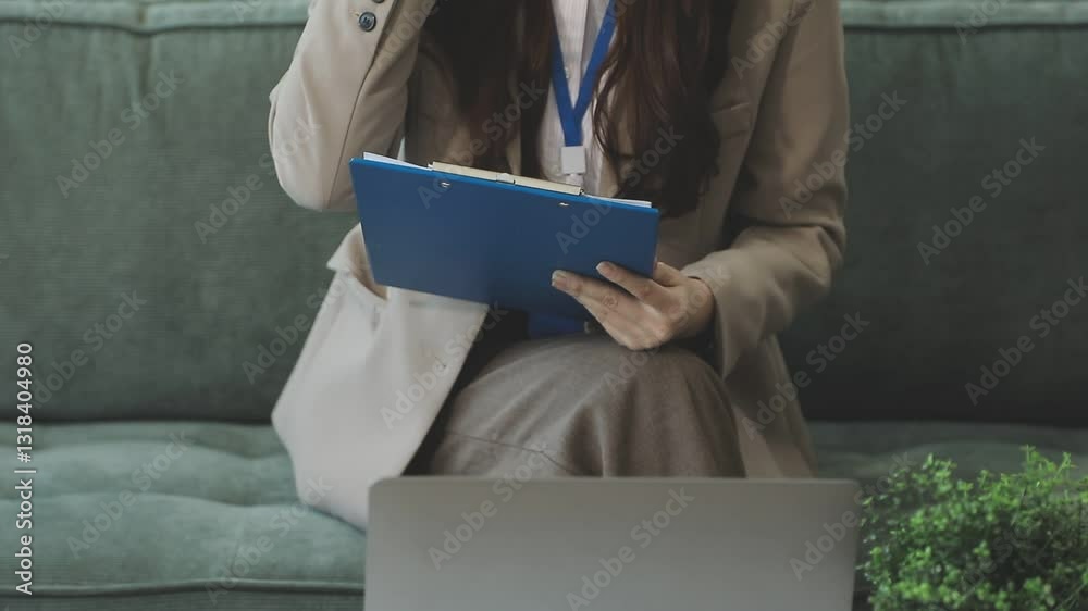 working in workplace on the desk with computer, female employee is looking on document, en entrepreneur is trying so hard to build startup company, finance department