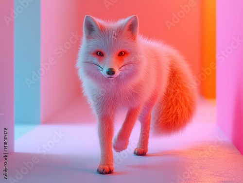 White Fox Walking in Neon Pink Blue Orange Studio Setting photo