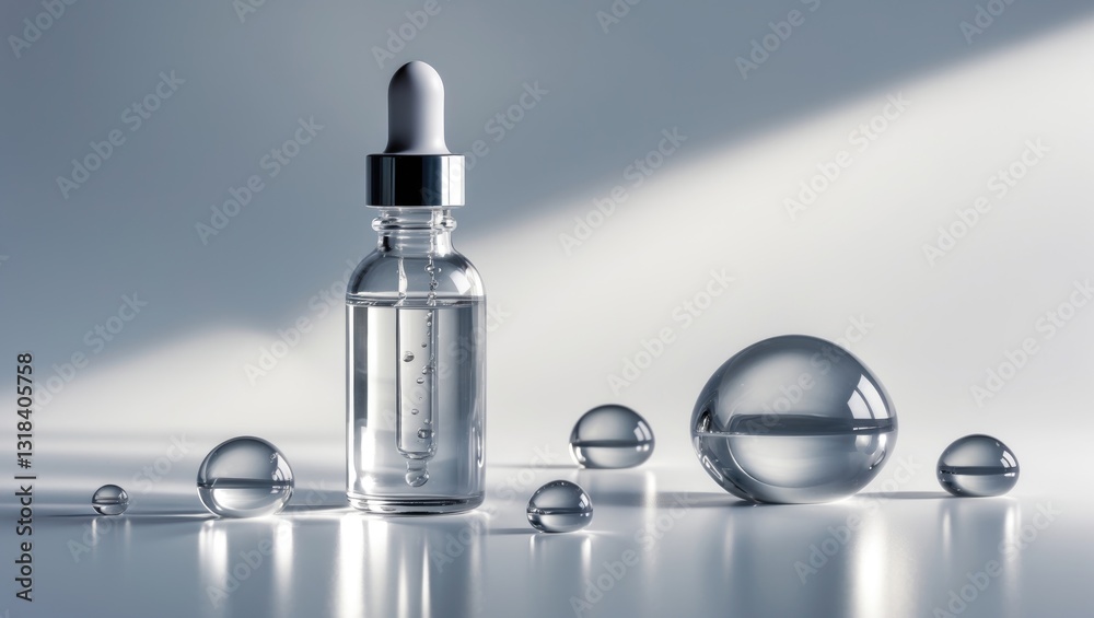 Clear serum in a glass dropper with textured droplets on a white background. Clear serum in a glass dropper with textured droplets on a white background.