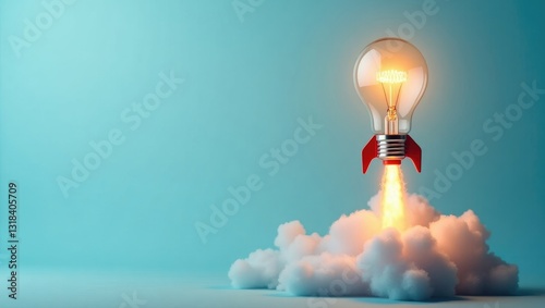 Creative rocket light bulb with blast and smoke ascending against a blue background, concept. Successful launch and growth, inventive idea. Think differently.