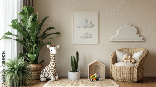 Close-up of a beige wall, adorned with a white, textured frame featuring a soft gray, cloud-like pattern. Intricate details invite closer inspection
