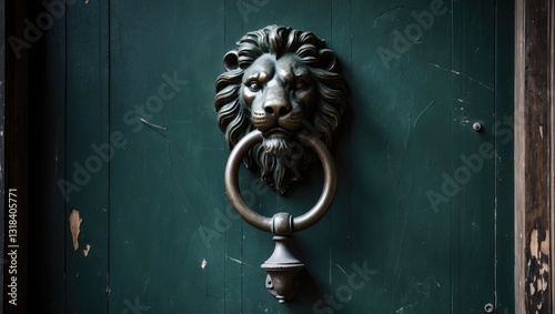 An aged wooden door featuring a metal handle designed like a lion's head.