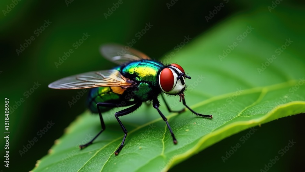 Common green bottle fly resting on a green leaf. Common green bottle fly resting on a green leaf.