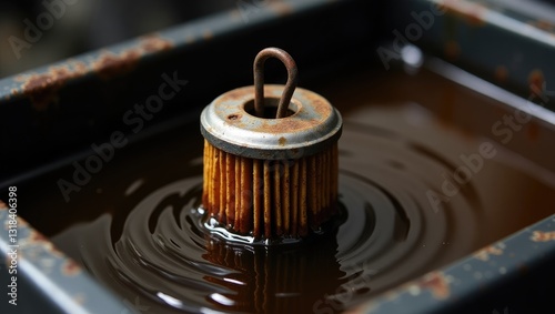 Close-up of Used Engine Oil Filter and O-ring in the oil drain pan. photo