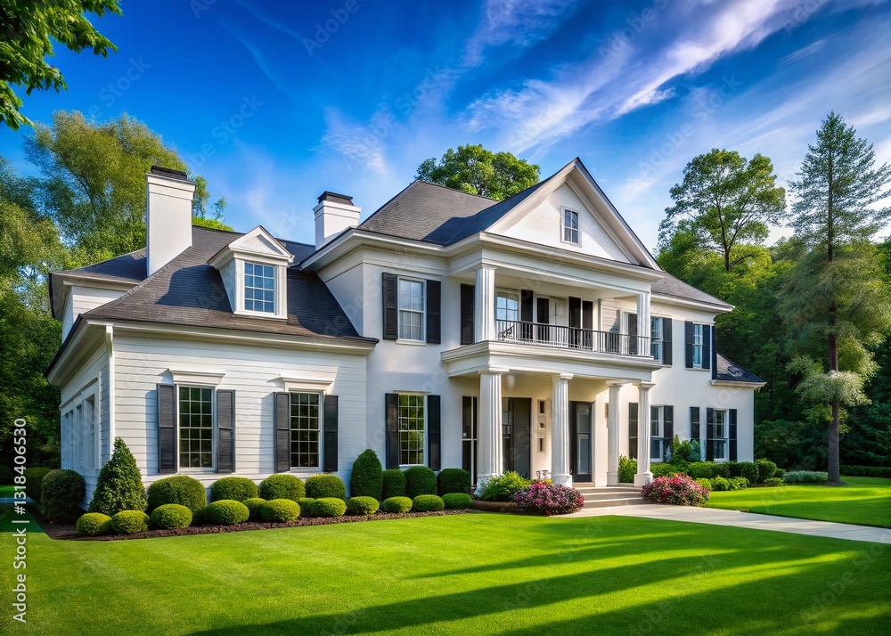 Modern White House with Black Trim Under Blue Sky - New Construction Home Exterior Modern White House with Black Trim Under Blue Sky - New Construction Home Exterior