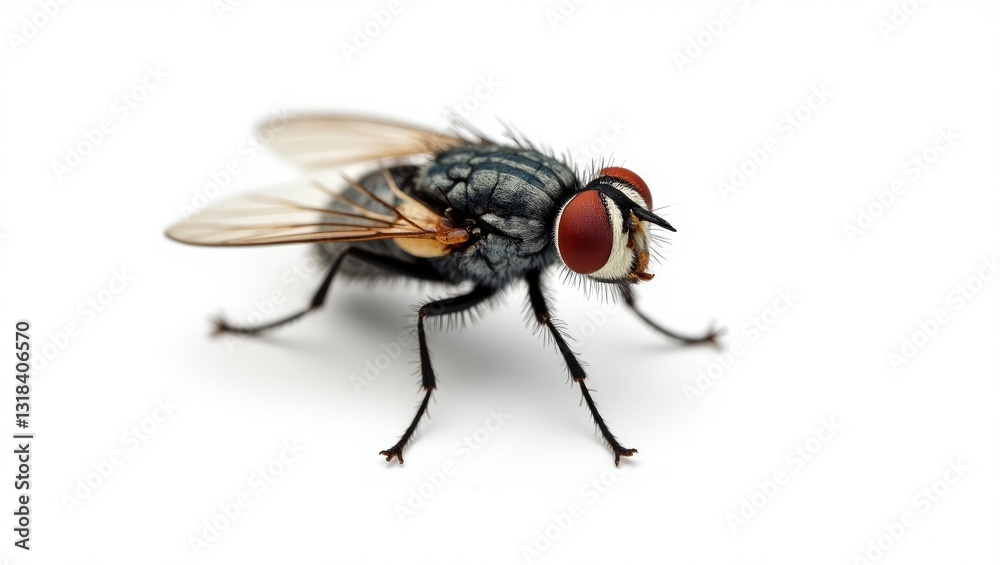 A close-up image of a fly on a white background. A close-up image of a fly on a white background.