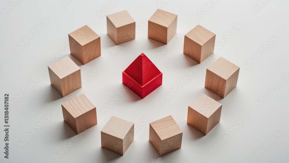Fototapeta premium Different leadership teamwork concept featuring a red wooden cube for mock-up, set against a white background.