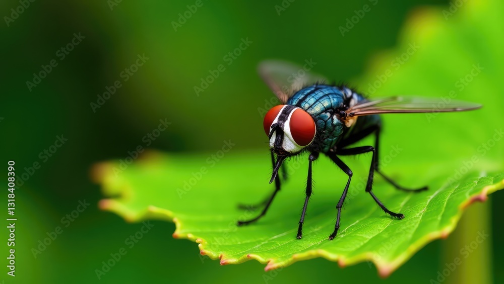 Close-up view of a black fly on a leaf with a blurred background. Close-up view of a black fly on a leaf with a blurred background.