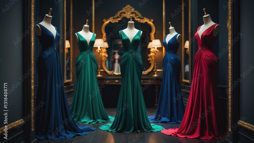 Fototapeta premium Elegant evening dresses displayed on mannequins in a women's clothing shop.