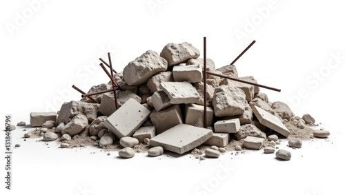 Closeup of concrete wreckage from a destroyed building isolated on a white background.
