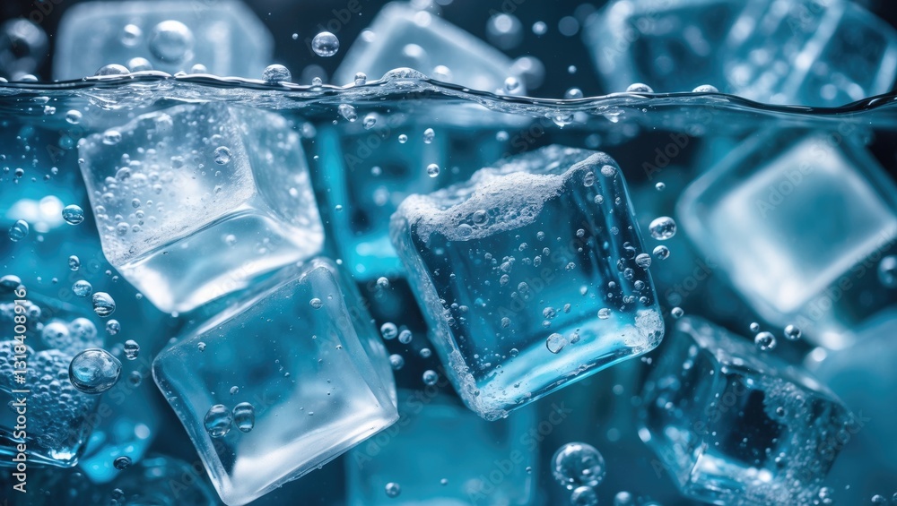 Close-up view of ice cubes submerged in water, blue background. Freezing motion of ice flowing in water. Close-up view of ice cubes submerged in water, blue background. Freezing motion of ice flowing in water.