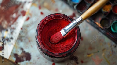 Paintbrush in red pigment jar on art table