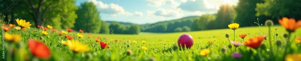 Fototapeta premium landscape with scattered wildflowers and a lone ball bouncing in the distance, waldfelder, feldebilder, schatten