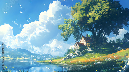 Peaceful Scenery of Cottage by the Lake