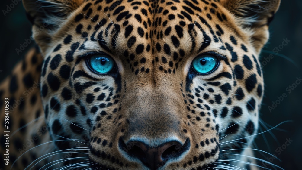 Obraz premium Confident gaze of blue-green eyes of a powerful leopard captured in a full face portrait of the strong beast.