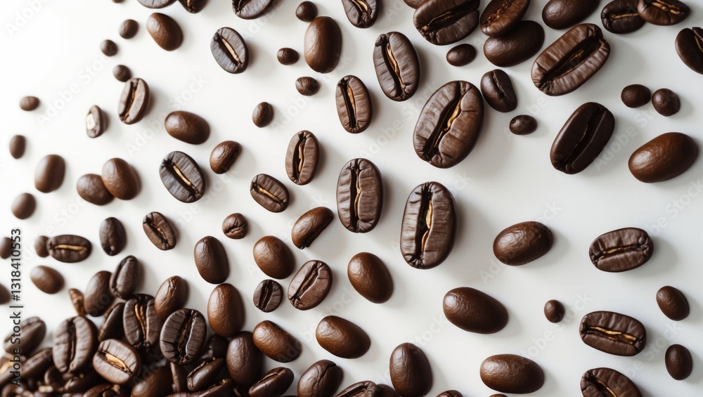 Obraz premium Coffee beans scattered on a white background
