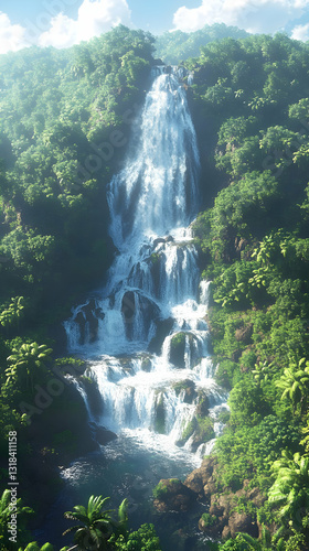 Tropical Waterfall Cascading Through Lush Forest